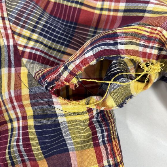 LANDS ENDS BUTTON DOWN LONG SLEEVE SHIRT MENS LARGE TALL YELLOW PLAID RED RIPPED - Picture 2 of 14